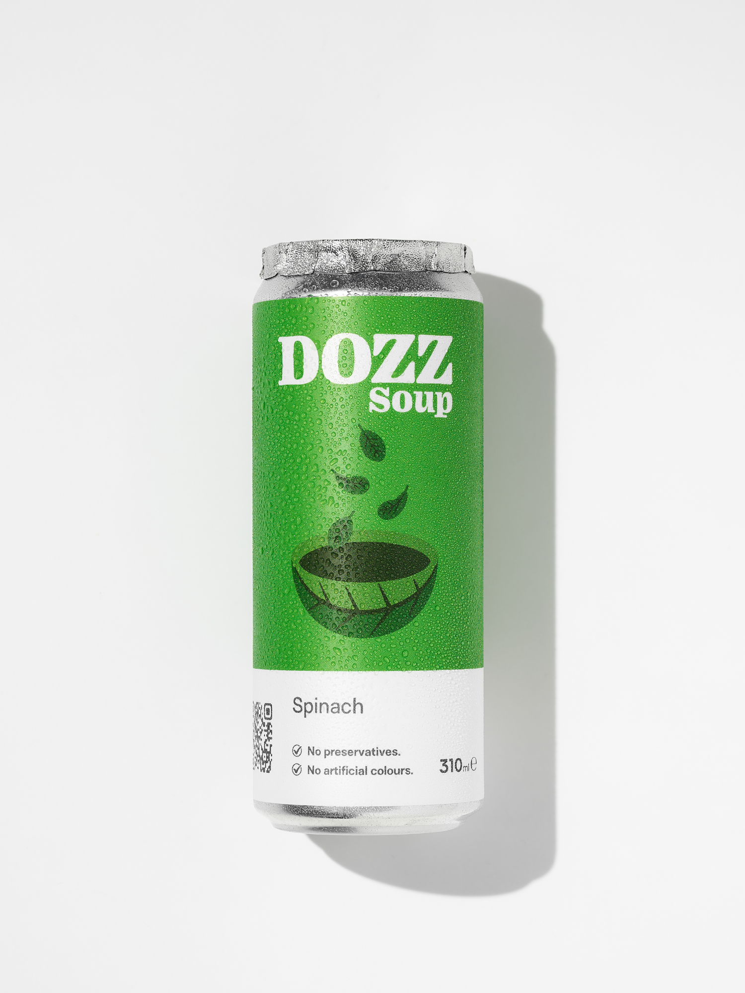 Supă cremă de spanac DOZZ la doză de 310ml, preparată din ingrediente naturale cu 94g de legume per doză, fără conservanți.